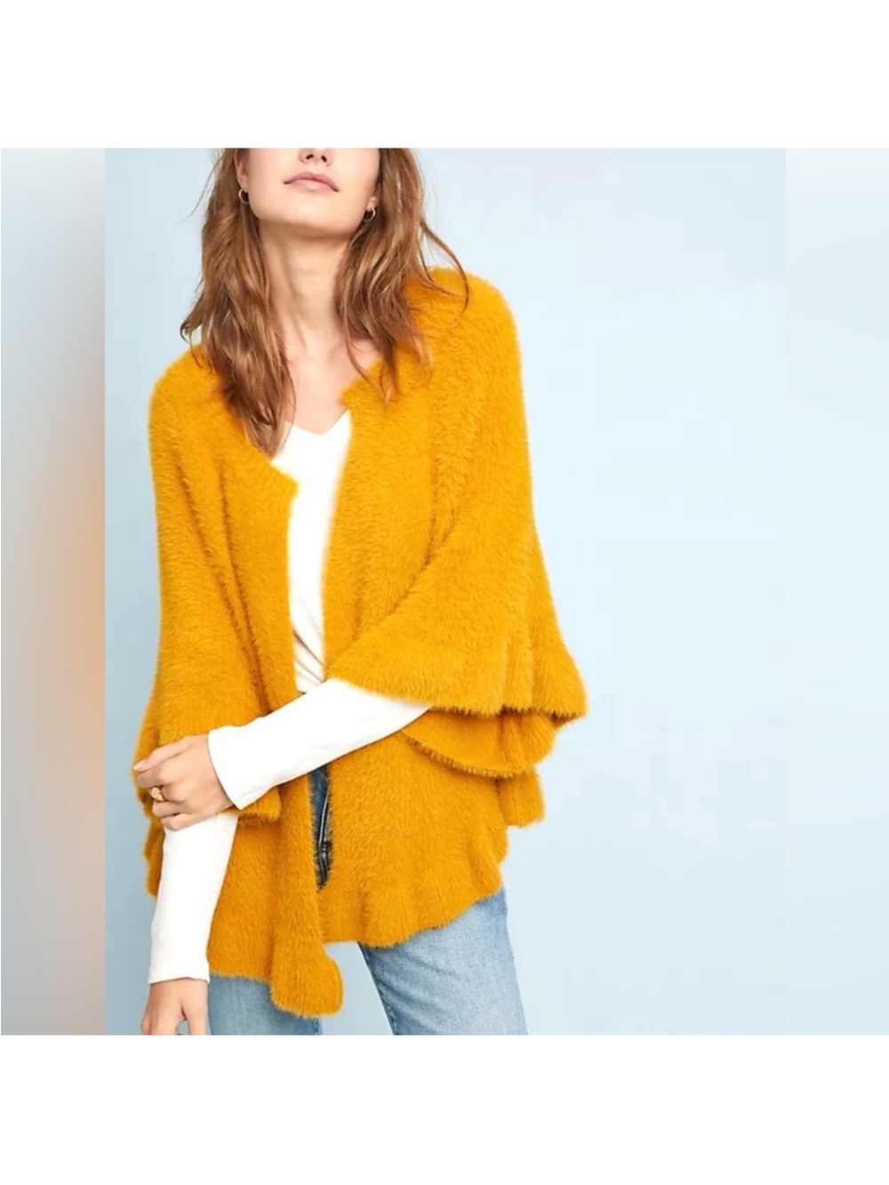Anthropologie cozy Mustard Fuzzy Open-Front Women's Sweater